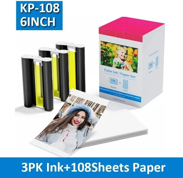 Fotopapier-Set mit 3-Farben-Tintenkassette kompatibel mit Canon Selphy CP1300 CP1500 CP1200 KP-108IN, 108 Blatt, Format: 10 x 15 cm - Bild 1
