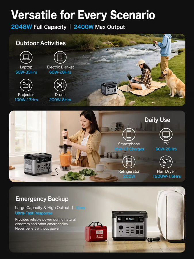 OUKITEL P2400E Tragbare Powerstation mit 2048Wh LiFePO4 Batterie, 2400W Solargenerator mit USV und reinem Sinuswellen-AC-Ausgang, Schwarz - Bild 3