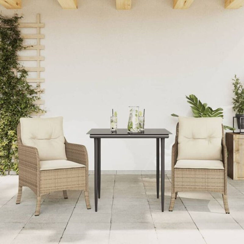 3-teilige Garten-Essgruppe aus Poly-Rattan mit Kissen und Glastisch in Beige von vidaxl - Bild 1