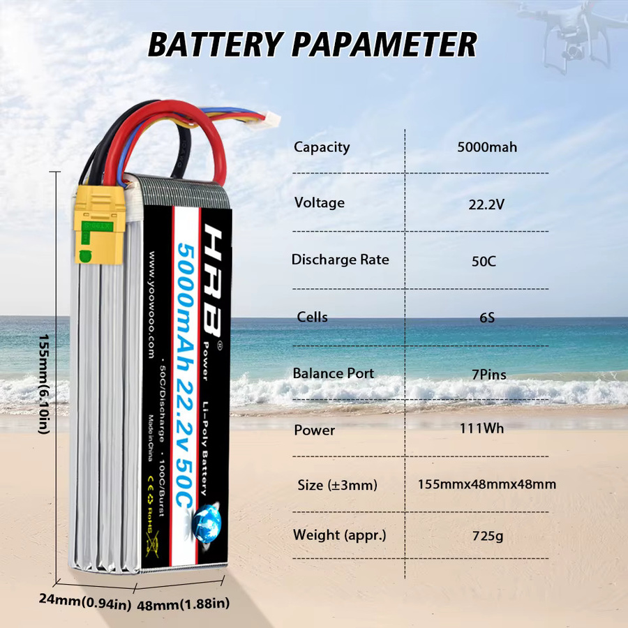 HRB Lipo Batterie, 5000mAh, XT90-S Anti Funken Stecker, 50C, 22,2V - Bild 2