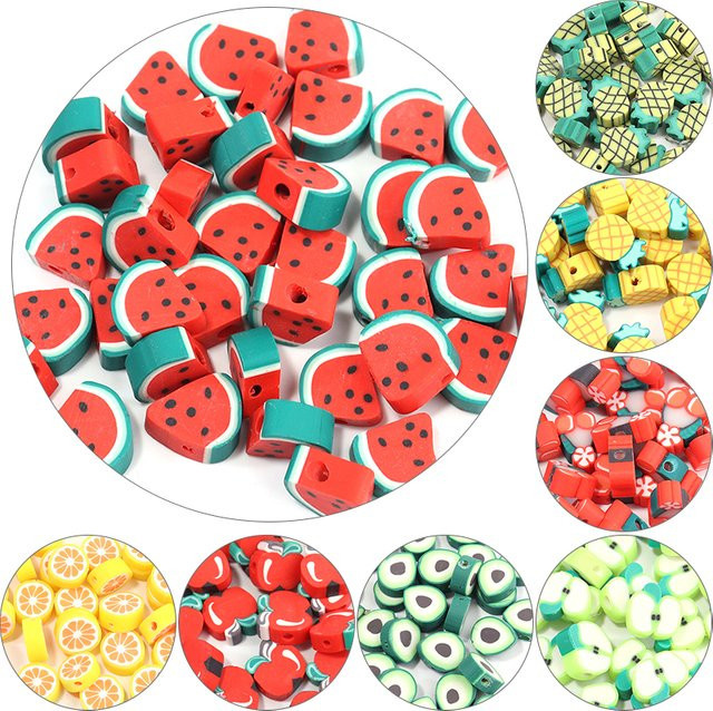 lingsai Obst-Ton-Perlen, Zitrone, Kirsche, Apfel, Erdbeere, 50 Stück - Bild 1