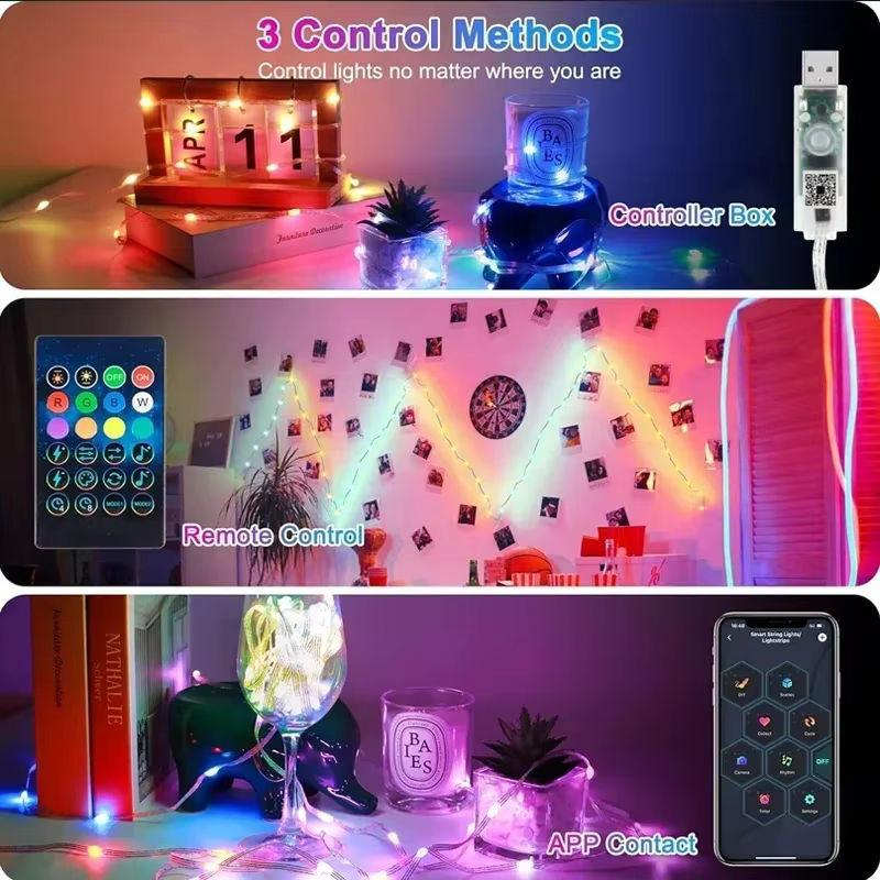 VENUSWING Smart LED RGBIC Lichterkette mit Bluetooth APP-Steuerung, Wasserdicht, USB-Betrieb, Multicolour für Party und Dekoration - Bild 3