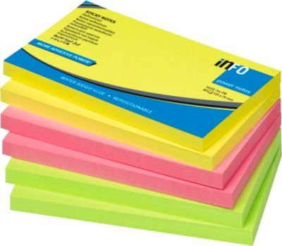 inFO Power Notes Haftnotizen, 6 Blöcke mit je 80 Blatt, B: 12,5 cm, H: 7,5 cm, Farben: Gelb, Pink, Grün und Multicolour - Bild 1