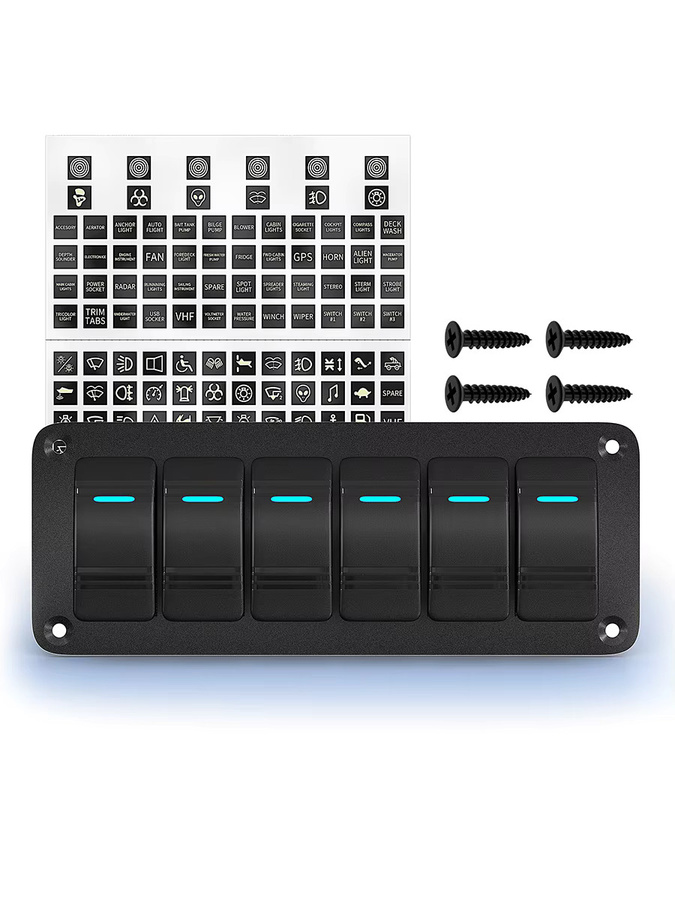Wasserdichte 6-Gang-Schalttafel mit blauen LED-Wippschaltern für Boote, 12 V, vorverdrahtet, Schwarz/Blau - Bild 5