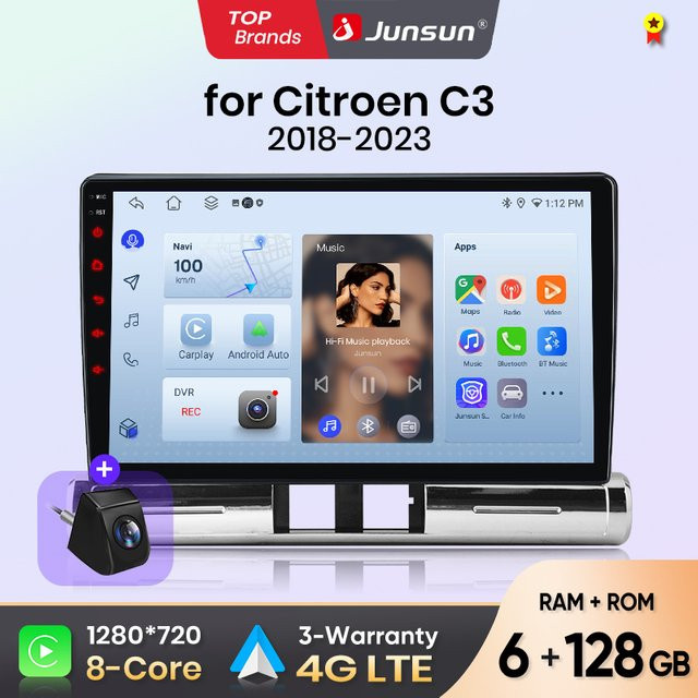 Junsun Android Auto Autoradio für Citroen C3 mit Wireless Apple CarPlay, IPS Touchscreen Multimedia System und Wi-Fi, Schwarz - Bild 1
