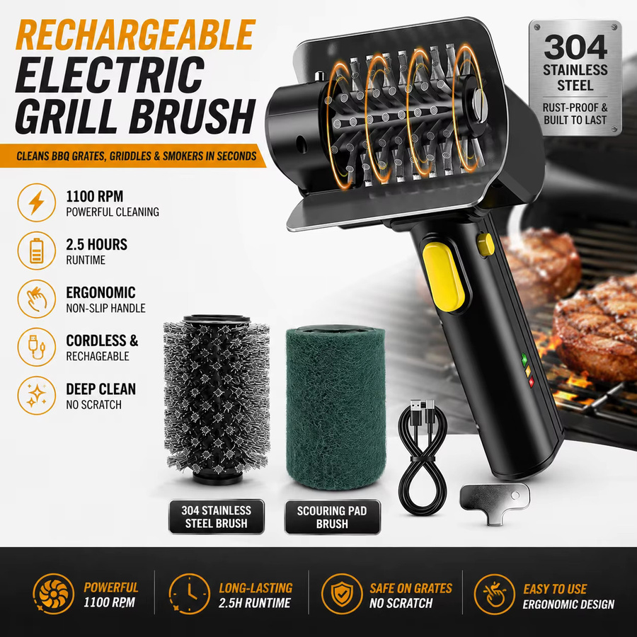 Hippcron Elektrische Grillbürste aus Edelstahl 304 in Schwarz für die Grillreinigung im Freien - Bild 7