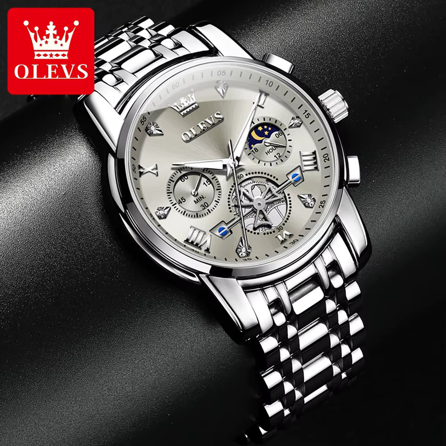OLEVS Armbanduhr Edelstahl, Mondphase, Silber, Herren - Bild 4
