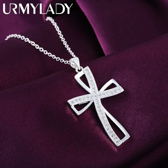 URMYLADY Halskette 925 Silber, Kristall Kreuz Anhänger, 45 cm, Damen - Bild 1