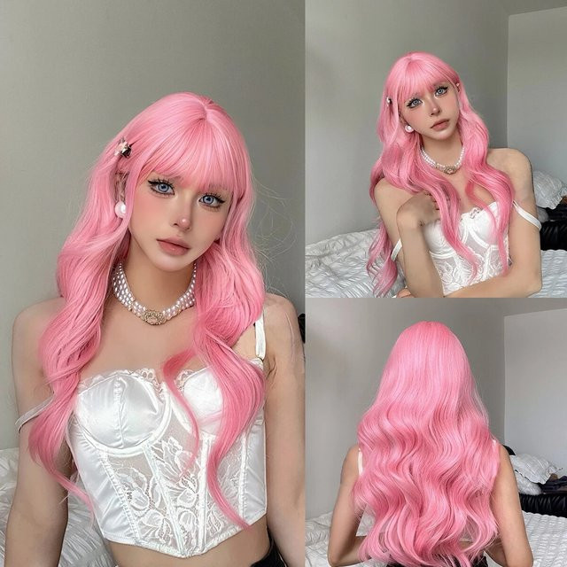 HAIRCUBE Perücke, hellrosa, lang gewellt mit Pony, Damen - Bild 1