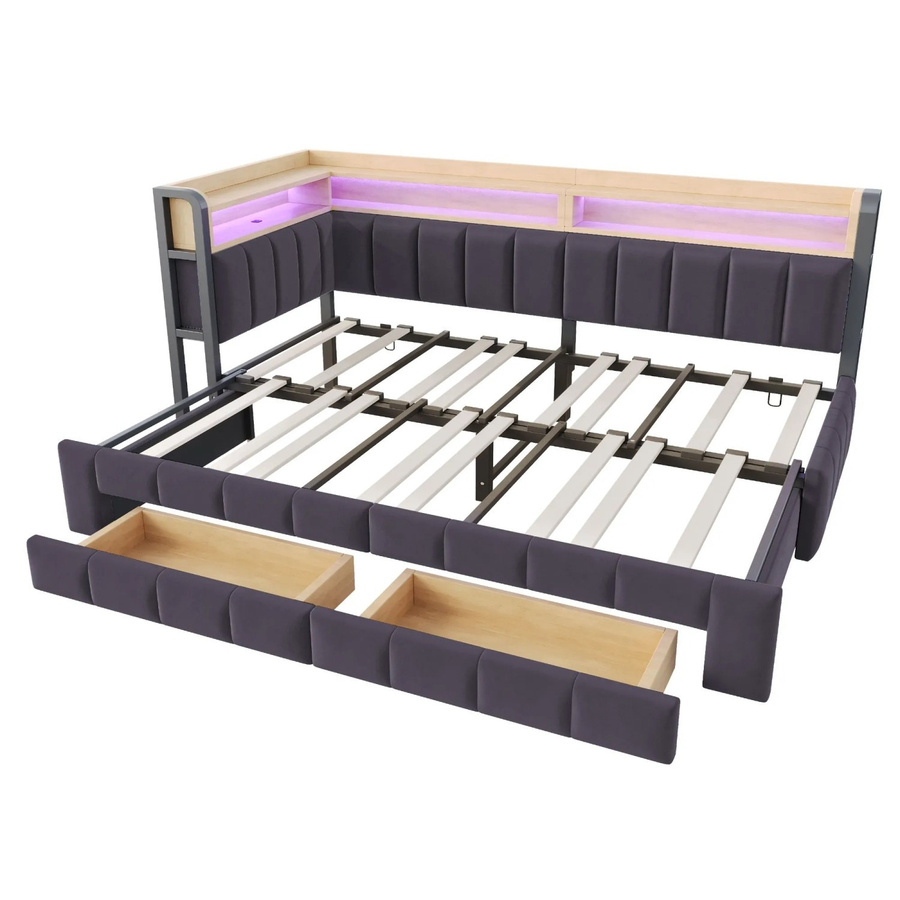 Merax Schlafsofa aus Samt in Dunkelgrau mit LED-Beleuchtung, USB-Ladeanschluss und Bettablage, B/T/H: 180 x 90 x 105 cm - Bild 2