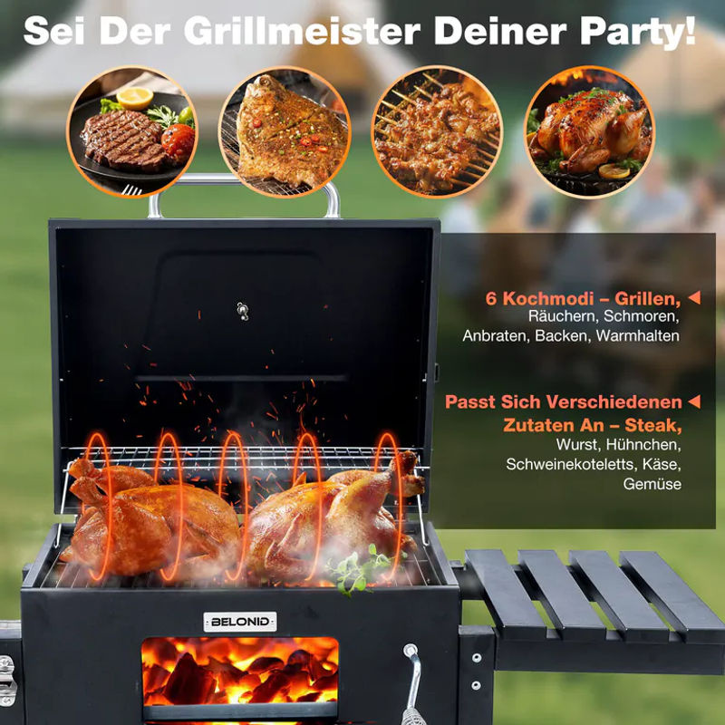 HOMAVO Holzkohlegrill mit Deckel in Schwarz mit höhenverstellbarer Kohlenwanne und faltbarem Seitentisch, Grillfläche: Breite: 56 cm, Tiefe: 42,5 cm - Bild 2