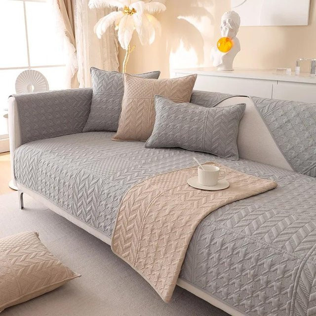 Rutschfester Sofabezug aus Baumwolle und Polyester mit Schleifen-Design in Grau, Universal Couchbezug für Ecksofas, Breite: 70 cm - Bild 1
