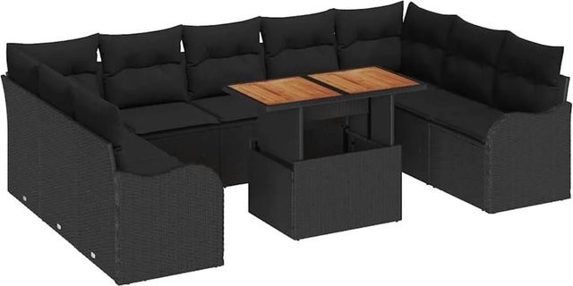 vidaXL Garten-Sofa-Set 10-teilig in Schwarz mit Kissen und Stauraumfunktion, U-Form aus Poly-Rattan und pulverbeschichtetem Stahl - Bild 1