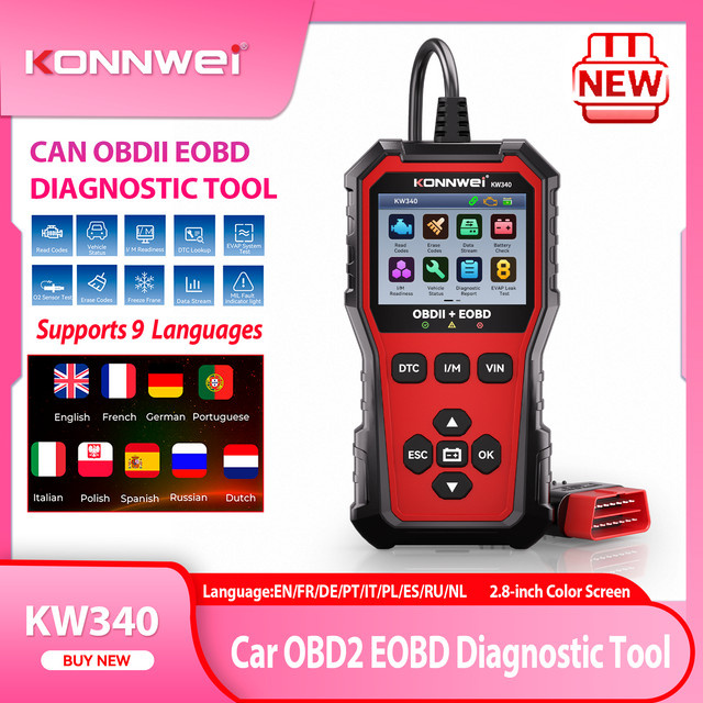 KONNWEI KW340 Bluetooth OBD2 Diagnosegerät für CAN EOBD mit Motor-Batterietest, Fehlercode-Löschung und Echtzeit-Daten zur O2-Inspektion - Bild 1