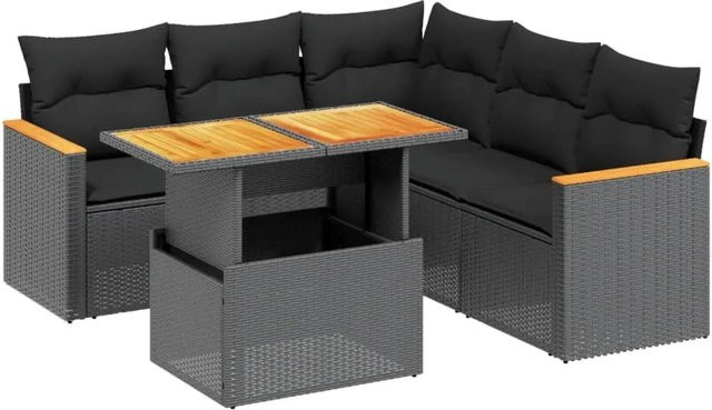 vidaXL 6-teilige Garten-Sofagarnitur aus Polyrattan in Schwarz mit Kissen und Couchtisch - Bild 1