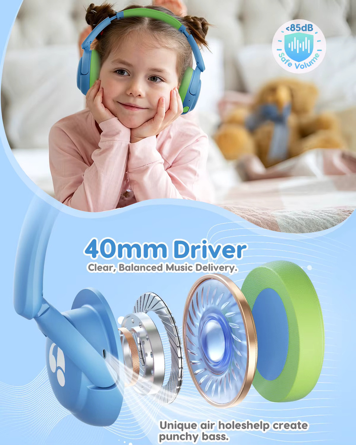 Awatrue Kinder-Bluetooth 5.4 Over-Ear-Kopfhörer in Grün mit sicherer Lautstärke bis 85 dBA für iPad, Tablet und YOTO-Player - Bild 2