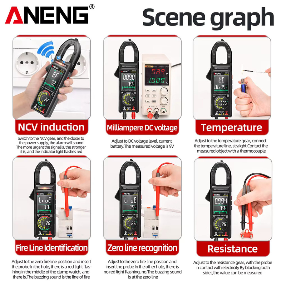 ANENG Digitales Zangenmessgerät ST213 Multimeter mit großem Farbbildschirm für DC/AC-Strom bis 400 A, Spannung, Frequenz, NCV und Widerstand - Bild 5