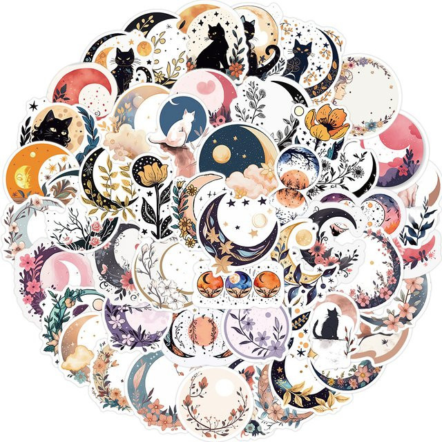 50 Stück wasserfeste Vinyl-Aufkleber mit Mond, Katze und floralen Pflanzen-Motiven in Multicolour für Wasserflaschen, Laptop und Handy - Bild 1