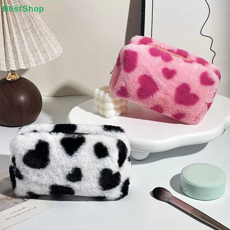 KOQZM Plüsch-Stifttasche mit Herz- und Kuh-Aufdruck in Pink als Schreibwaren-Organizer und Kosmetiktasche - Bild 3