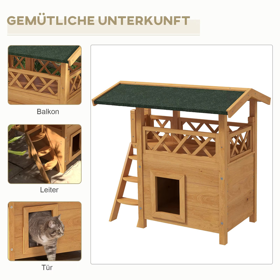 PawHut Katzenhaus aus Fichtenholz mit Asphaltdach in Weiß, wetterfest, B/H/L: 50 x 73 x 77 cm - Bild 4