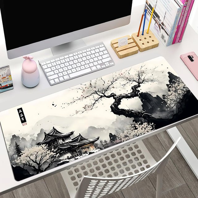 Mauspad mit Landschaft Tuschemalerei als Schreibtischunterlage und erweitertes Tastaturpad mit Anti-Rutsch-Gummibasis in Multicolour - Bild 1