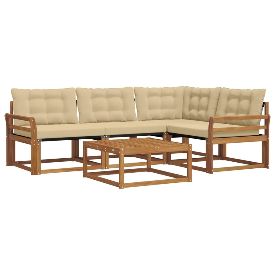 vidaXL Outdoor-Sofagarnitur 5-teilig in L-Form aus Akazienholz mit Textilene und Kissen, Natur-Beige - Bild 2