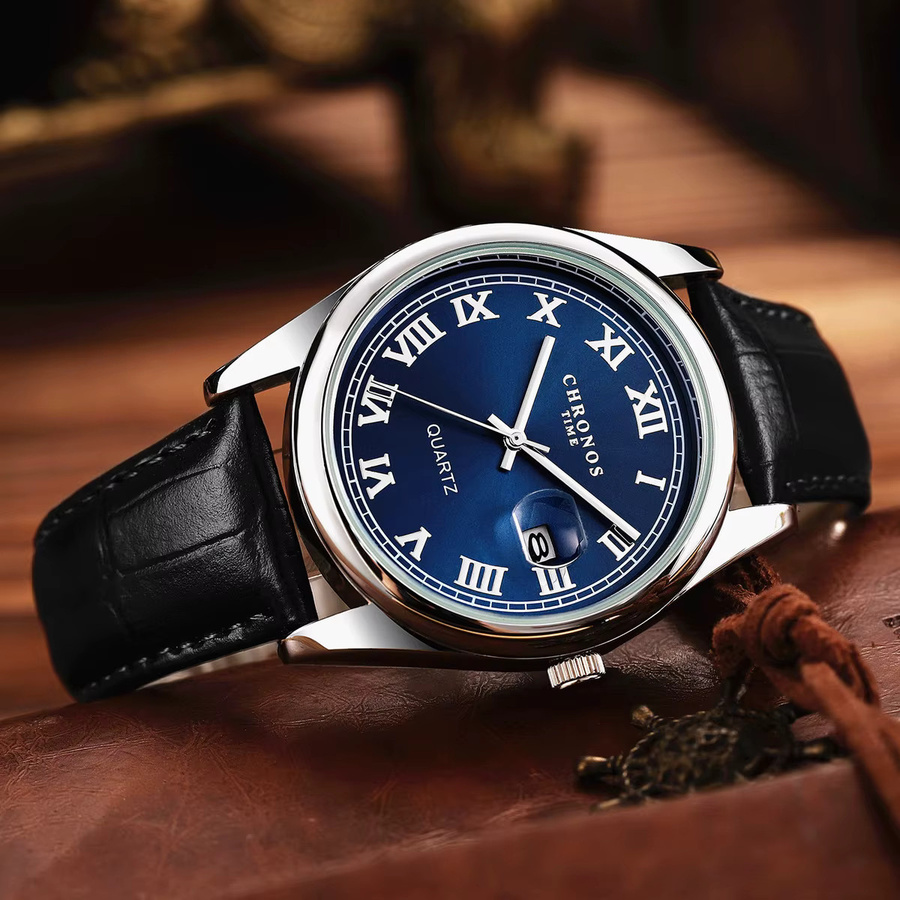 CHRONOS Armbanduhr Herren, Quarz, Edelstahl, Leder, Blau, Datum - Bild 2