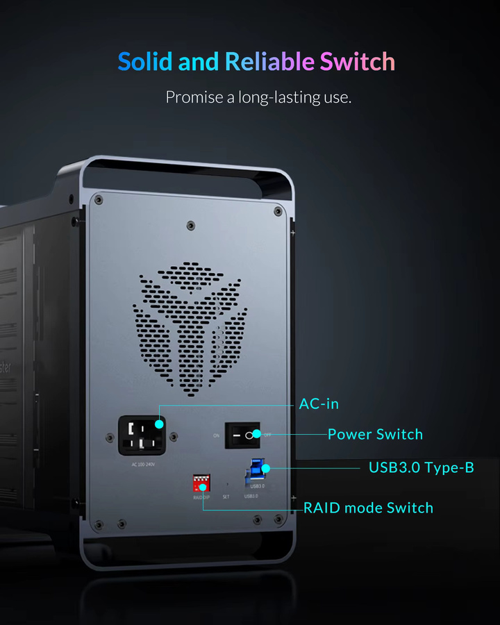 Yottamaster 5-Slot RAID externes Festplattengehäuse für 2,5" und 3,5" SATA HDD/SSD mit RGB Silent Fan - Bild 2
