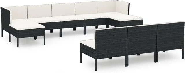 vidaXL 10-tlg. Garten-Lounge-Set in U-Form aus Poly Rattan mit Auflagen und Kissen, Schwarz und Weiß - Bild 1