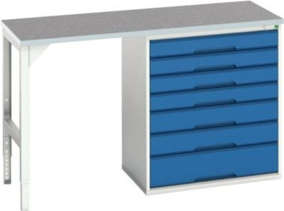 Unterbauwerkbank Bott verso mit Linoleum-Platte und 7 Schubladen, Lichtgrau / Enzianblau, B: 150 cm, T: 60 cm, H: 93 cm - Bild 1
