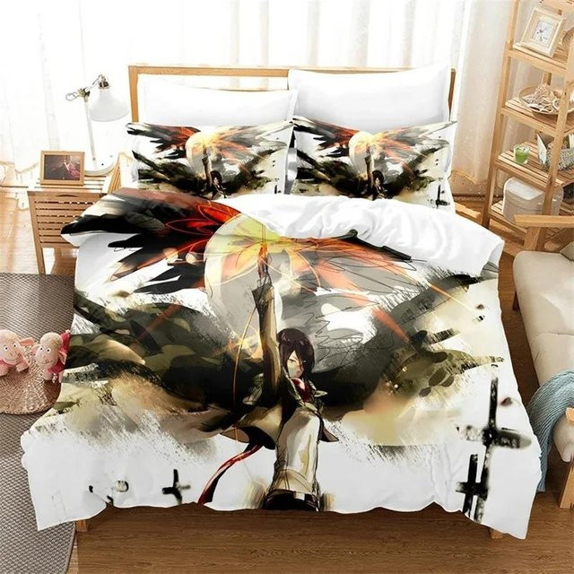Attack on Titan Bettwäsche Set mit 3D-Druck, Motiv Letzte Staffel, Multicolor, Bestehend aus Bettbezug und Kissenbezug, Breite: 70 cm, Länge: 133 cm - Bild 1