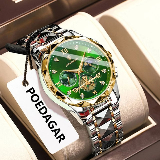 POEDAGAR Armbanduhr Chronograph, Edelstahl, Quarz, Herren, Grün, Silber - Bild 1