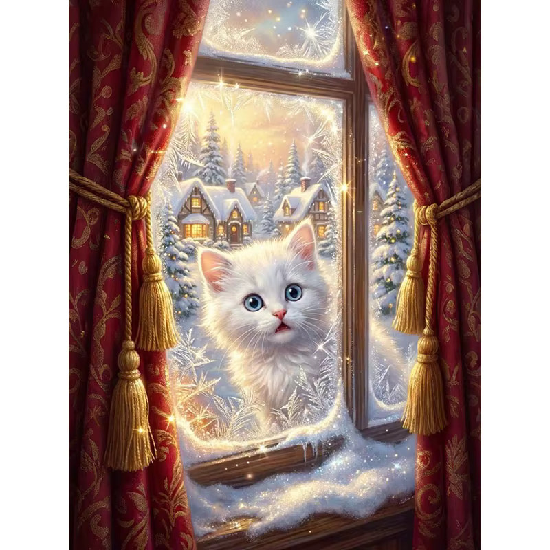 HUACAN 5D Diamant-Mosaik DIY Set Katze im Winter, Dekorative Wandmalerei in Multicolour, Breite: 30 cm, Höhe: 20 cm - Bild 4
