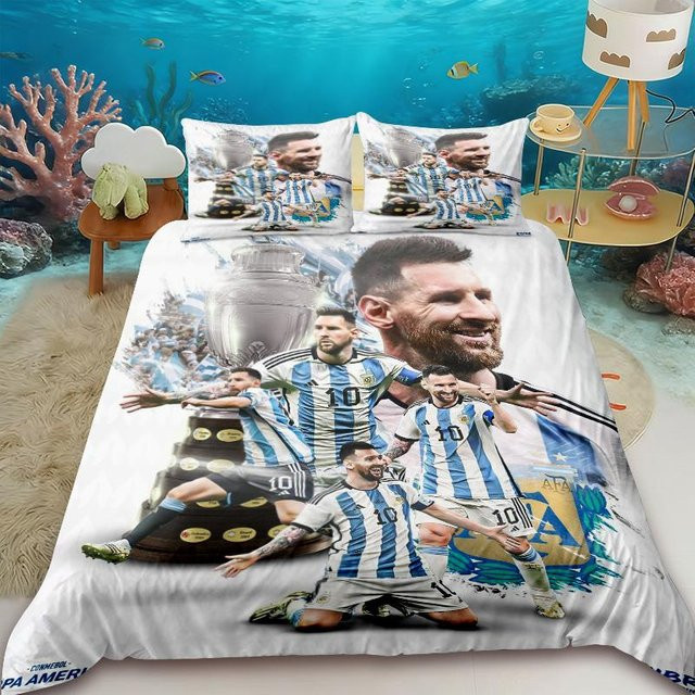 Bettwäsche Set Flylo mit Messi Fußball Print, Blau, Bettbezug und Kissenbezug aus Mikrofaser, B/H: 140 x 210 cm - Bild 1