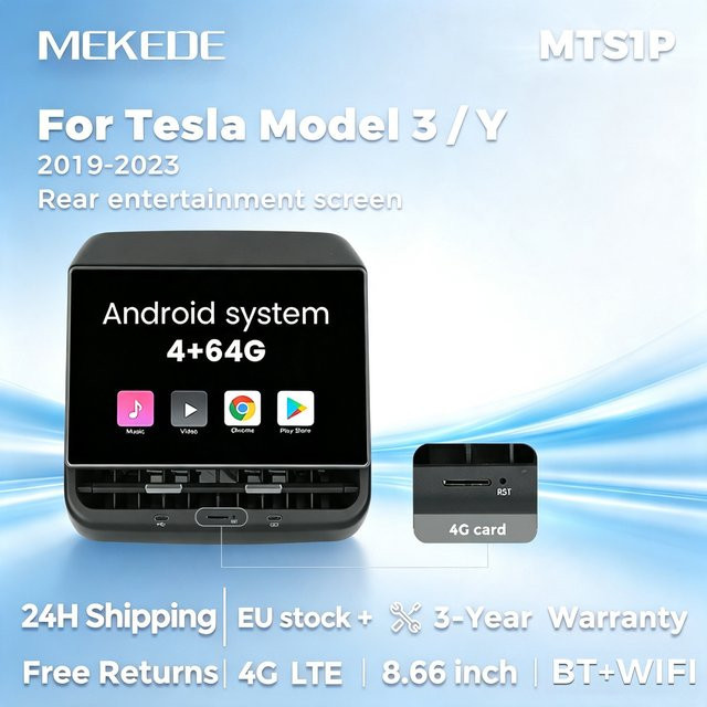 MEKEDE Android Auto Entertainment-Bildschirm für Tesla Model 3 und Model Y (2019-2023), 8,66 Zoll, 4G+64G, Schwarz, mit 4G LTE und WiFi sowie Rücksitzmonitor und Klimasteuerung - Bild 1