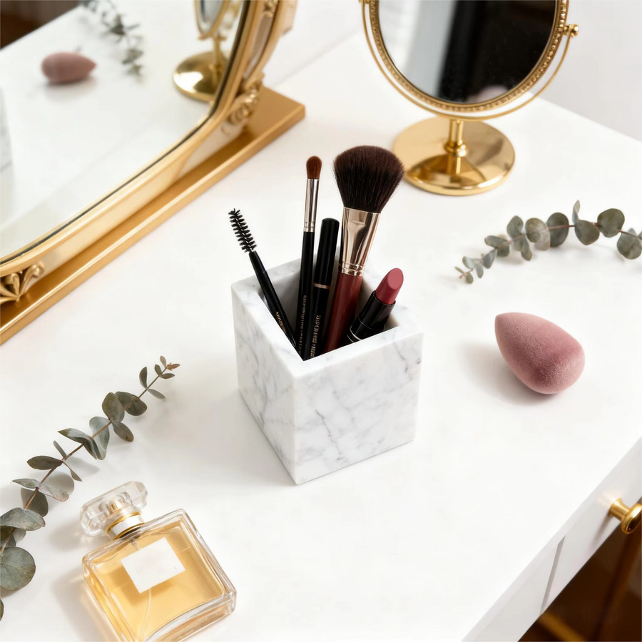 Bleistifthalter aus weißem Naturmarmor als Organizer für Bürobedarf, Make-up-Pinsel oder Badezimmer-Zubehör - Bild 3