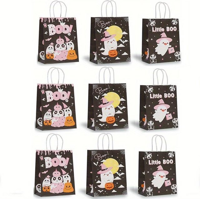 9er-Pack Halloween Süßigkeitentüten mit Henkeln in Schwarz mit Geister- und Kürbis-Designs von SZ-JZQ - Bild 1