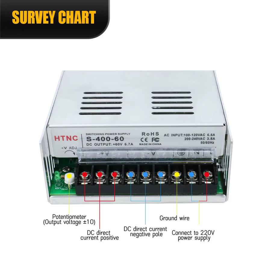 HLTNC Schaltnetzteil 400 W mit Lüfter, Ausgang DC 60 V, 6,67 A, Eingang 100–240 V AC, Farbe: Silber - Bild 3