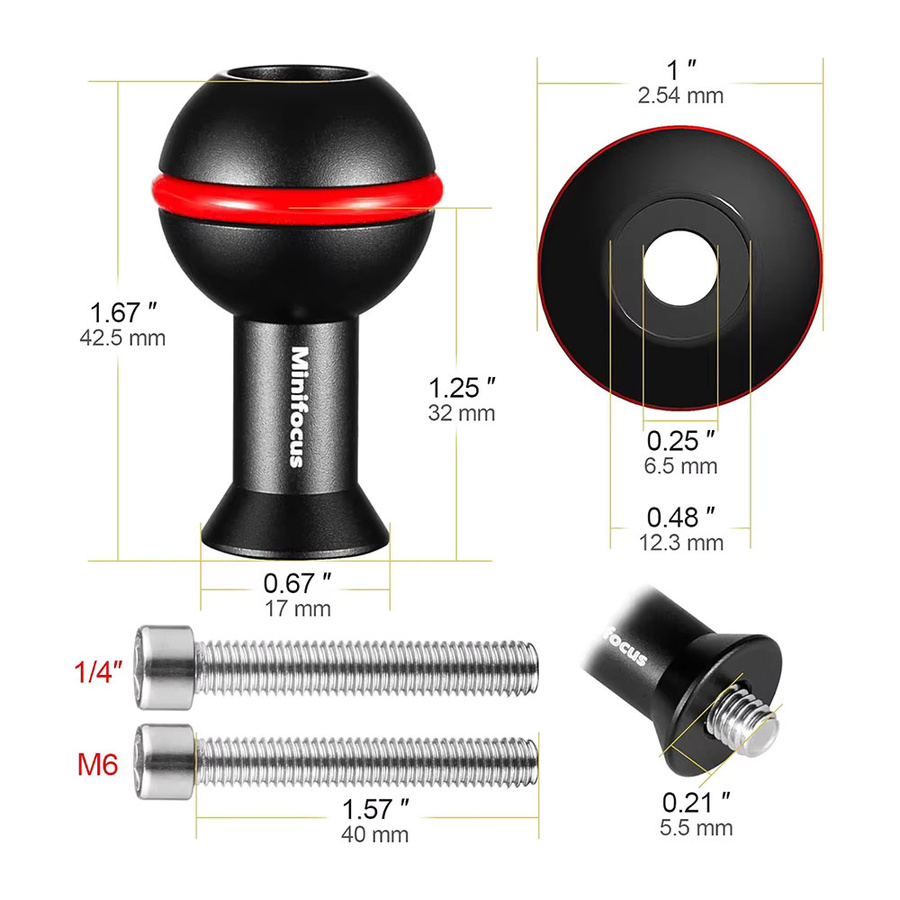 MINIFOCUS Kugeladapter mit M6 und 1/4 Zoll Schraube für Unterwasserhalterungen und Taschenlampenarme, Schwarz - Bild 3