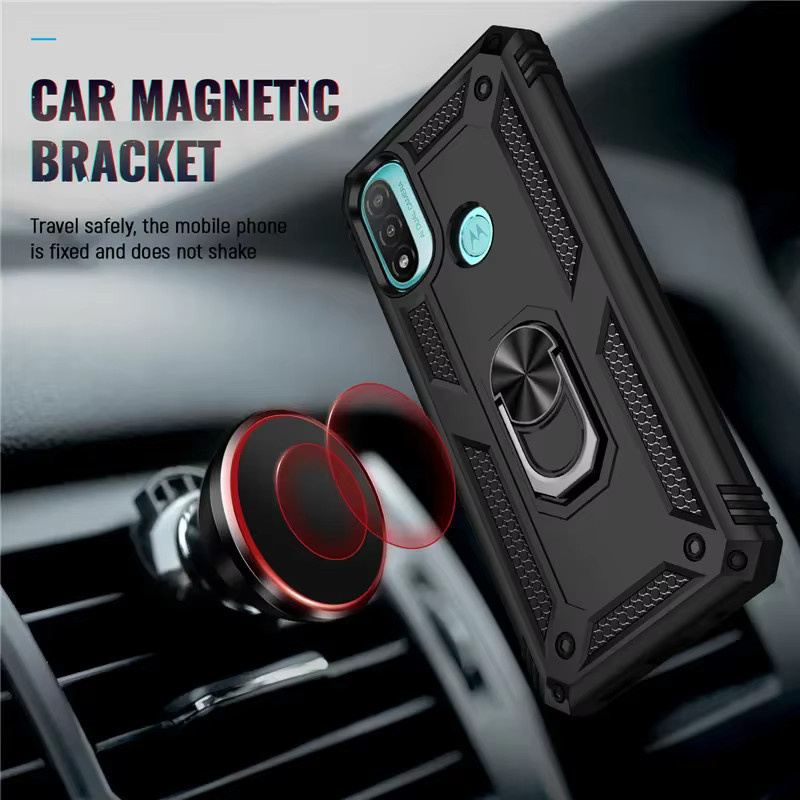 Stoßfeste Panzerhülle mit Magnet-Autohalterung und Ring für Motorola Moto E20, E30, E40 und E32 in Schwarz oder Blau - Bild 3