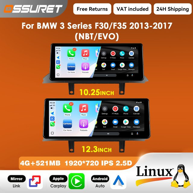 OSSURET Carplay Linux 5.4 Autoradio für BMW 3er Serie F30 F35 2013 - 2019 NBT EVO Multimedia-Videoplayer T113-i mit Dual-Core, USB, Bluetooth und Mirror Link, Farbe: Schwarz, Displaygröße: 10,25 Zoll - Bild 1