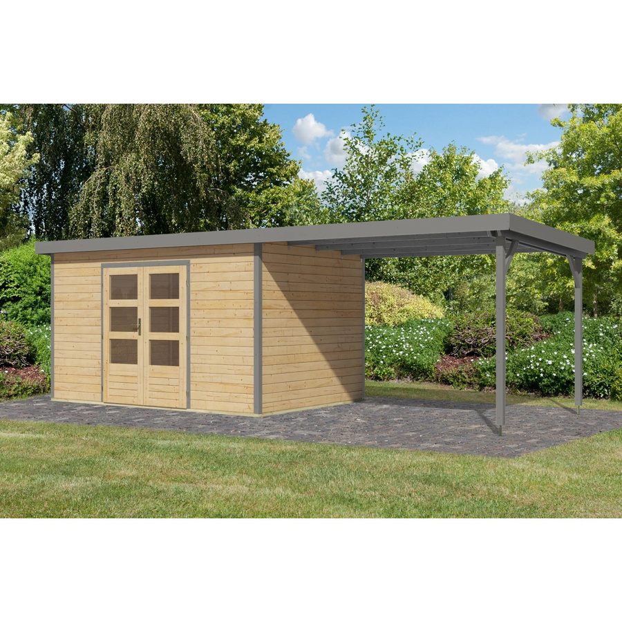 Karibu Gartenhaus Domingo mit Anbaudach aus Holz in Naturbelassen/Grau, B/T/H: 219 x 360 x 240 cm - Bild 2
