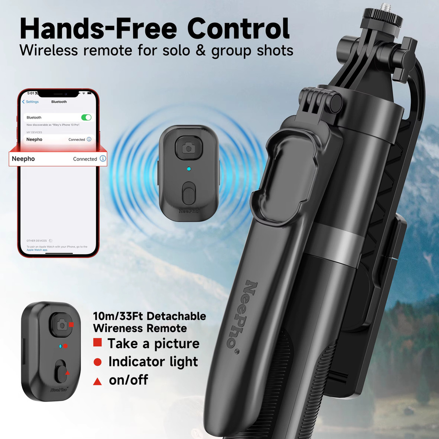 NeePho NP-Z12 Selfie-Stick Stativ in Schwarz mit Bluetooth-Fernbedienung, 360 Grad Drehvorrichtung und verstärkter Basis für Telefon und Kamera, Höhe: 183 cm - Bild 2