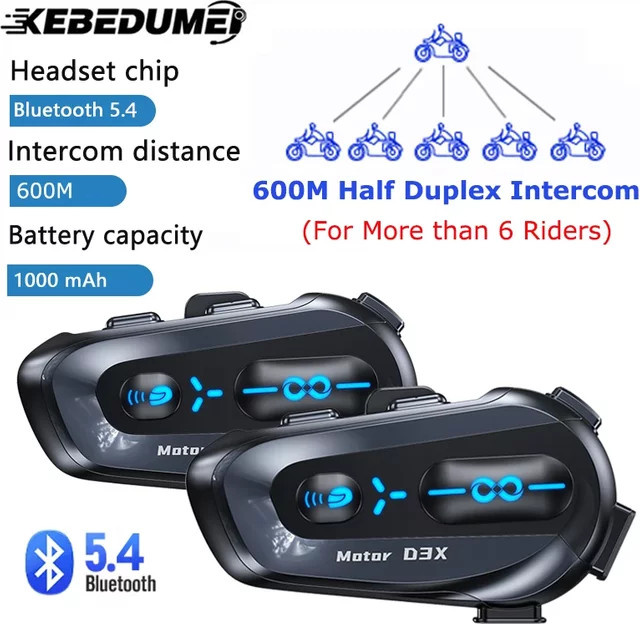 KEBETEME Motorrad Helm Intercom Headset V5.4 mit Bluetooth, 600m Reichweite, Wasserdicht, Musik Teilen und Sprachassistent, Farbe: Schwarz - Bild 1