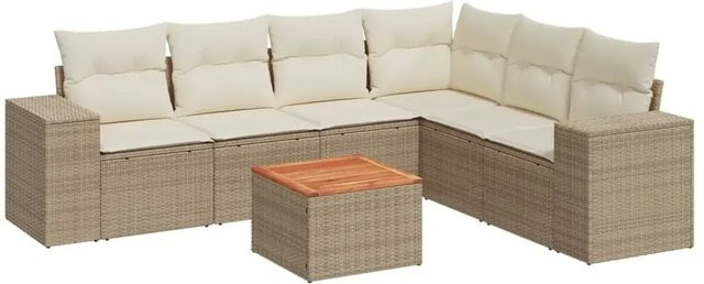vidaXL 7-teilige Garten-Sofagarnitur aus Poly-Rattan und Akazienholz in Beige und Cremeweiß - Bild 1