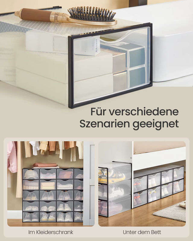 SONGMICS Schuhboxen Set aus Kunststoff mit Tür, transparent und schwarz, 18er Set, stapelbar - Bild 4