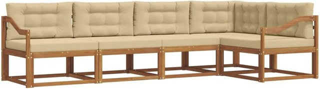 vidaXL Outdoor-Sofagarnitur in L-Form aus massivem Akazienholz mit Kissen, 5-teilig, Natur und Beige - Bild 1