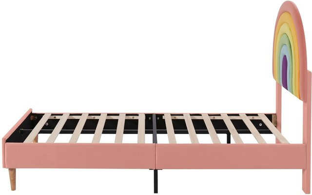 KOMHTOM Polsterbett aus Samt in Rosa mit Lattenrost und höhenverstellbarem Kopfteil, B/T/H: 140 x 200 x 117,5 cm - Bild 1