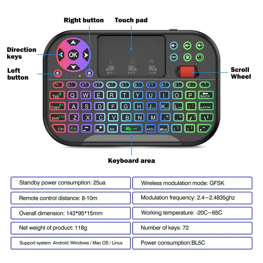 KEBIDUMEI Mini-Tastatur mit RGB-Hintergrundbeleuchtung, Bluetooth und 2.4G kabellos, inklusive Touchpad, Scrollrad und Air Mouse für PC und TV Box, Schwarz - Bild 4