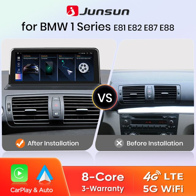 Junsun Kabelloses CarPlay und Android Auto Autoradio mit GPS und Wi-Fi für BMW 1er Serie E87 E81 E82 E88 (2004-2012) CCC/CIC System, Schwarz - Bild 1